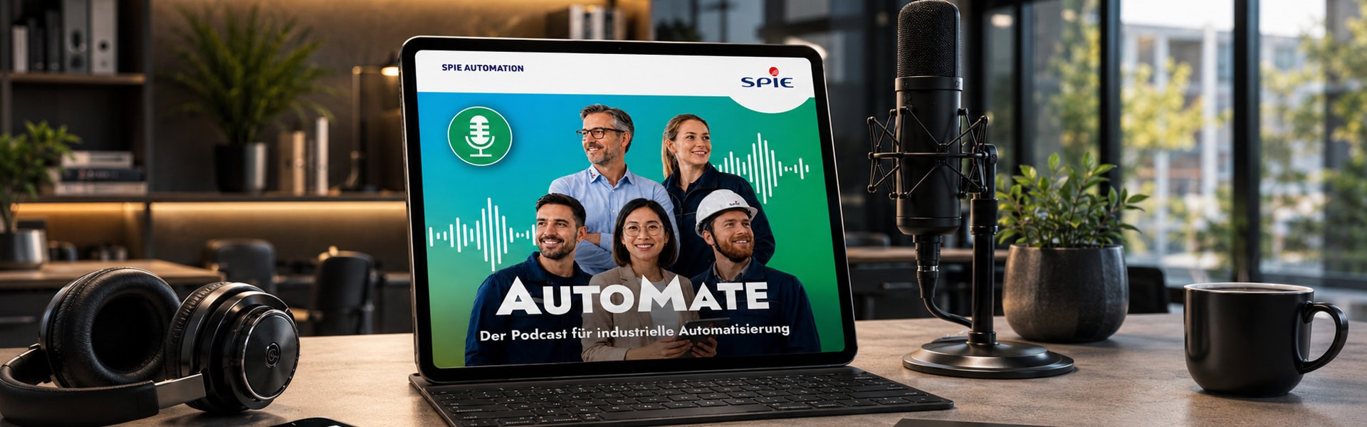 Mockup des SPIE AutoMate Podcastcovers auf einem Tablet in moderner Studio-Umgebung mit Mikrofon, Kopfhörern und Smartphone.