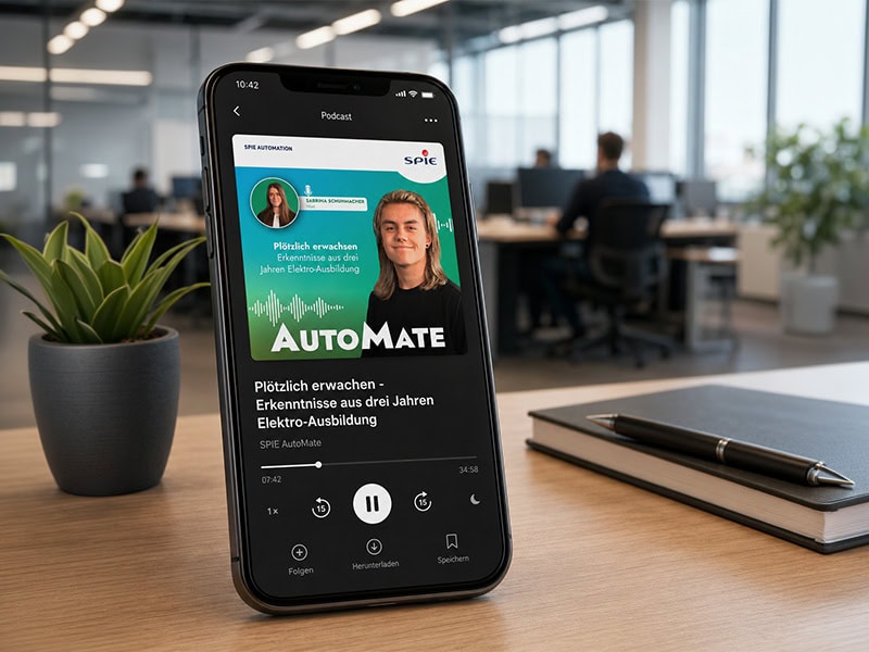 Smartphone mit geöffnetem Podcast-Player für den SPIE AutoMate Podcast und der Folge „Plötzlich erwachsen - Erkenntnisse aus drei Jahren Elektro-Ausbildung“ auf einem Schreibtisch im modernen Büro. Auf dem Tisch liegen Kopfhörer, im Hintergrund sind Mitarbeitende zu sehen.