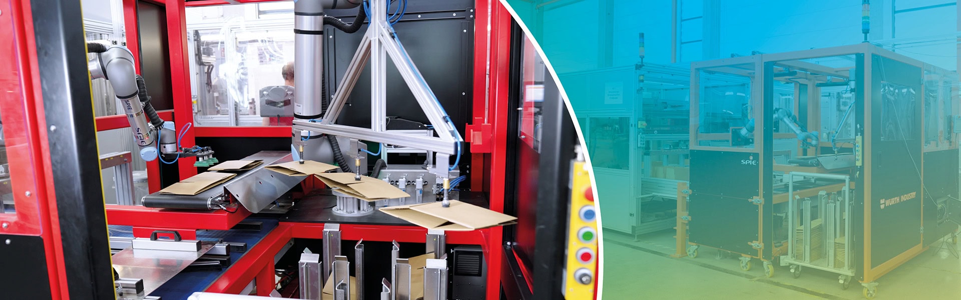Automatisierte Zuführung von Verpackungsmaterial durch zwei kollaborative Roboter in einer SPIE Produktionsanlage für Würth Industrie Service.
