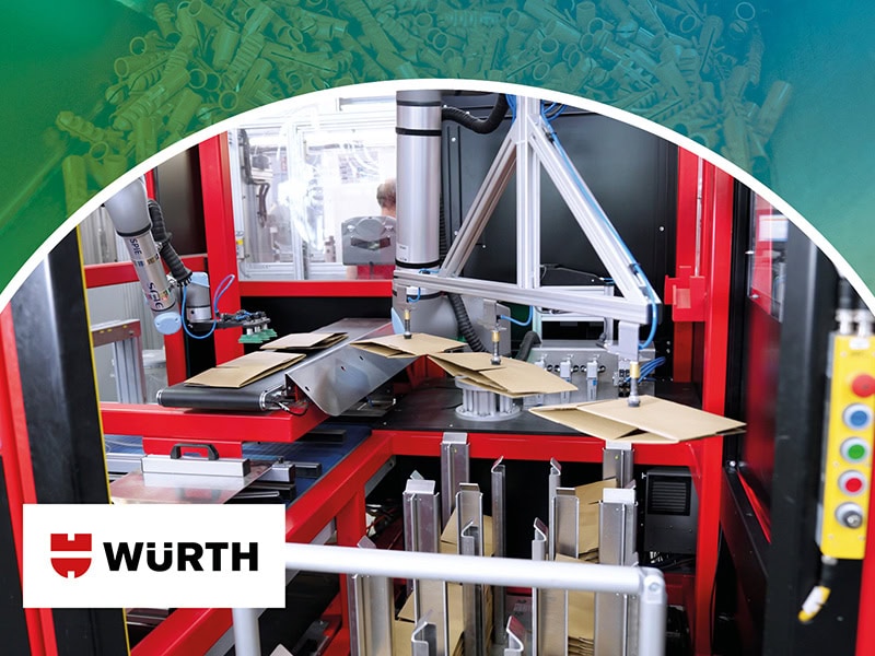 Kollaborative Roboter beim automatisierten Aufrichten und Bereitstellen von Kartons in einer Verpackungsanlage für Würth Industrie Service.
