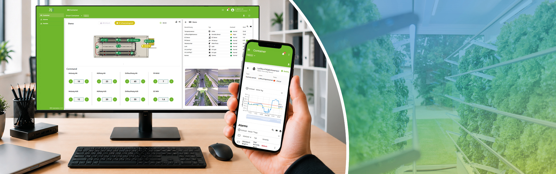 Zu sehen ist ein Computerbildschirm mit der IoT-Datenplattform. Daneben ist ein Handy mit der mobilen Ansicht der IoT-Datenplattform.