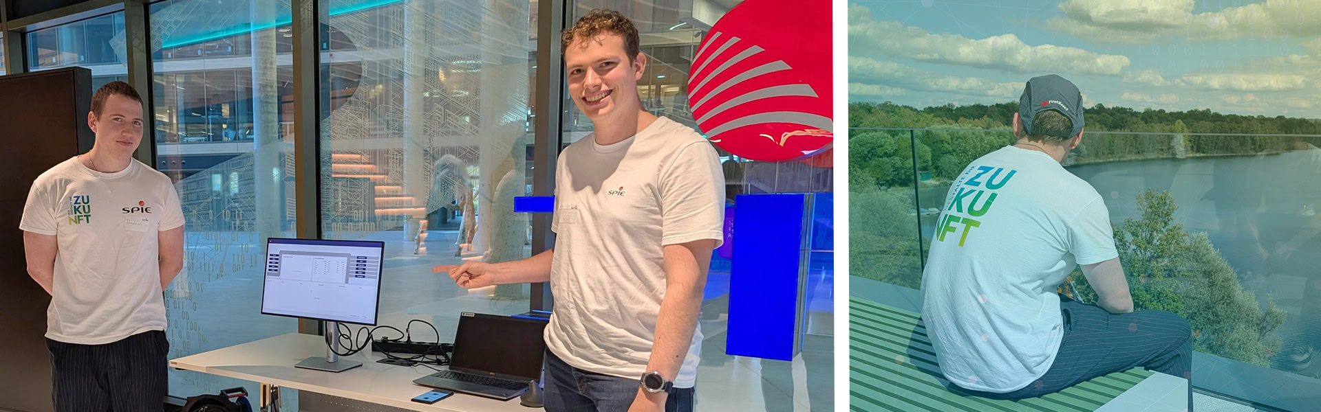 Links sieht man Rafael und Nils vor einem Computer. Rechts sitzt eine Person in eimem weißen Tshirt und schaut aufs Wasser