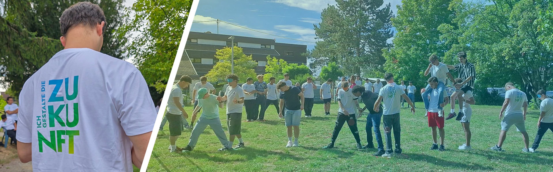 A person is seen from behind on the left. The lettering on the T-shirt reads: Zukunft (Future). On the right, trainees are seen during a group activity.