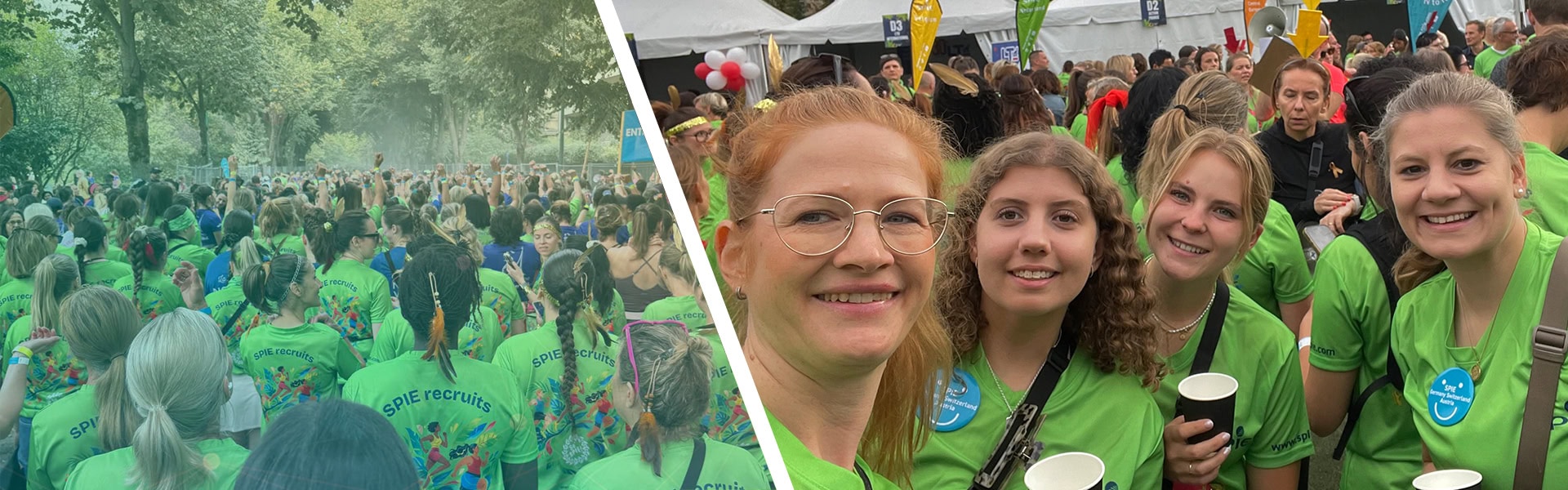 Right: A selfie of Daniela, Leonie, Alessia and Anja. All four are holding a coffee cup and wearing a green T-shirt. Left: Women in green and blue T-shirts running on the street