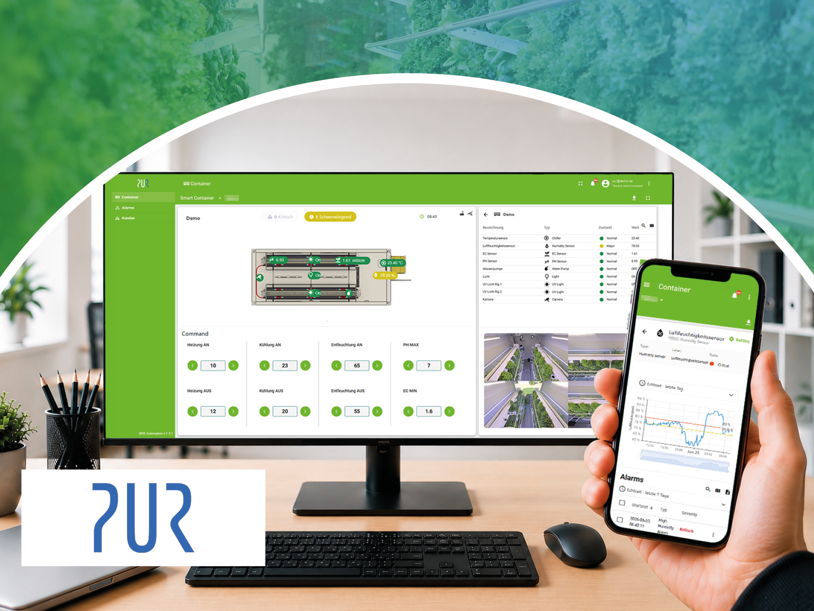 Zu sehen ist ein Computerbildschirm mit der IoT-Datenplattform. Daneben ist ein Handy mit der mobilen Ansicht der IoT-Datenplattform.
